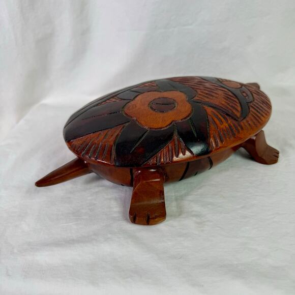 Wooden Turtle Tortoise Hand Carved Trinket Box Bowl Removeable Lid Floral - Picture 4 of 8